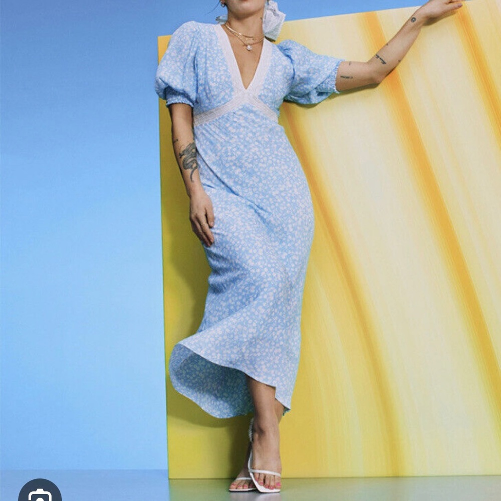 RIXO for Target Floral Puff Sleeve Lace Inset Swing Dress in Blue SZ 0 NWT